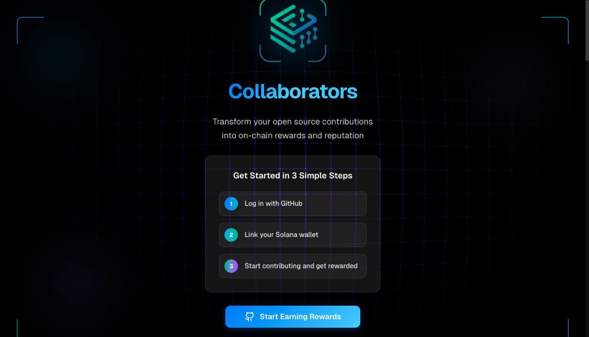 The Collaborators landing page, a dark Web3 interface