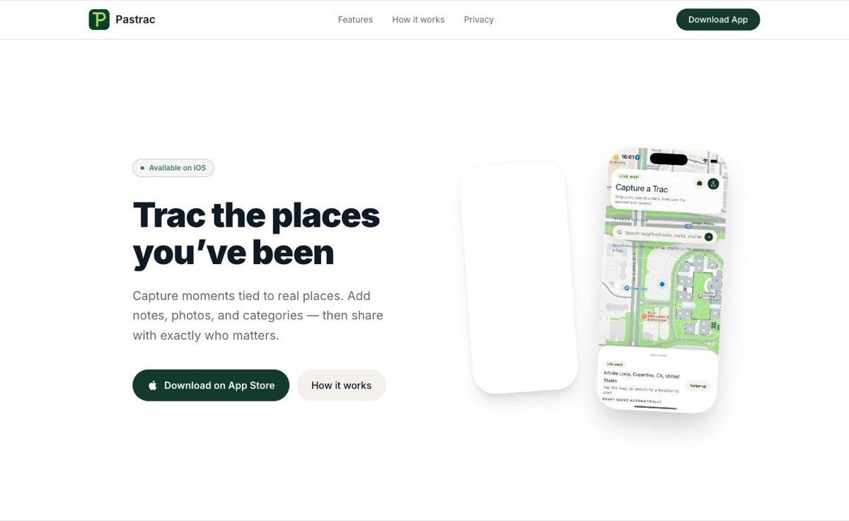 The Pastrac marketing site, showing the iOS app on a live map