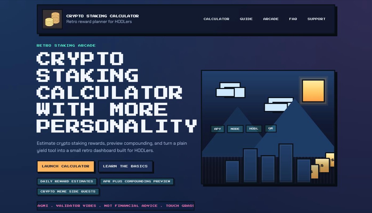 A retro arcade styled staking reward calculator